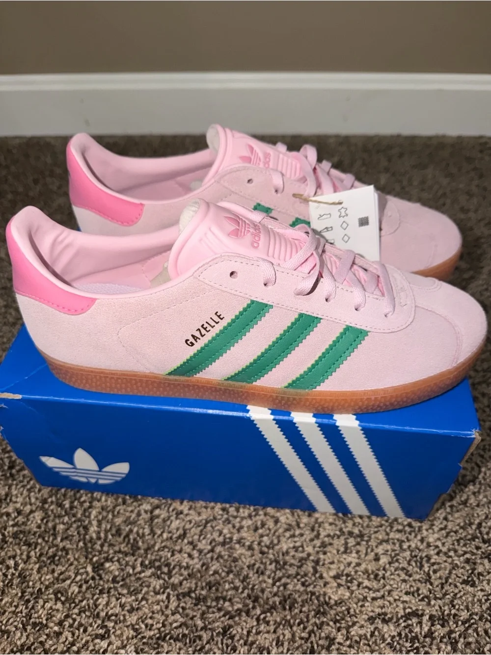 adidas Kids Pink Suede Sneakers with Green Stripes and Gum Sole